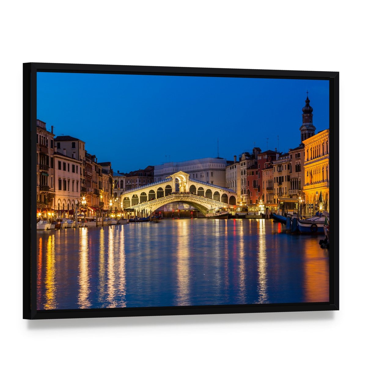 Rialto Bridge at Night Canvas Wall Art, framed canvas in a black floater frame, angled product view
