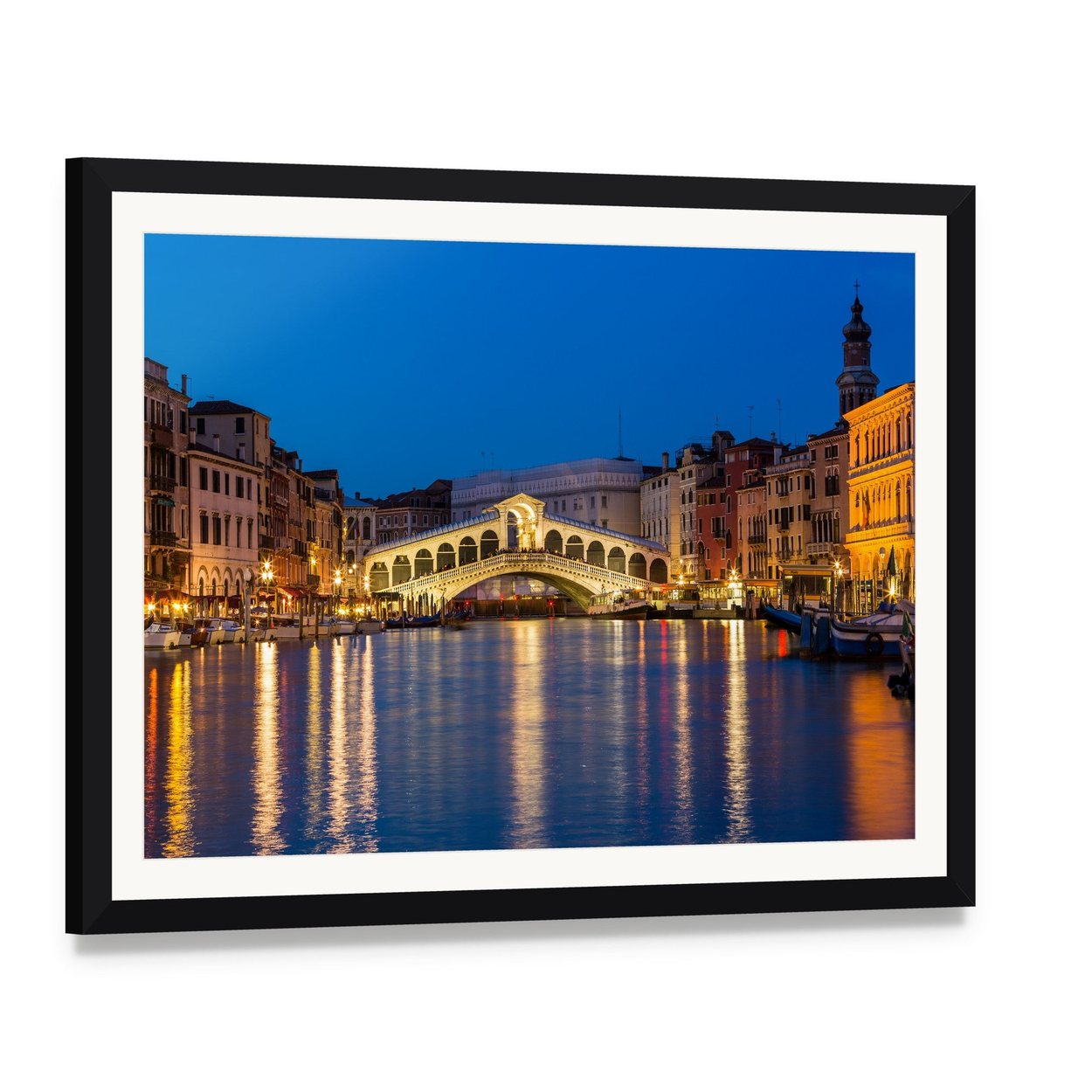 Rialto Bridge at Night Canvas Wall Art, framed print with white mat and black frame, angled product view