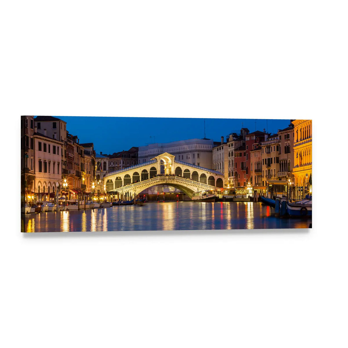 Rialto Bridge at Night, Venice Panoramic Canvas Wall Art, single panel gallery wrapped canvas, angled product view