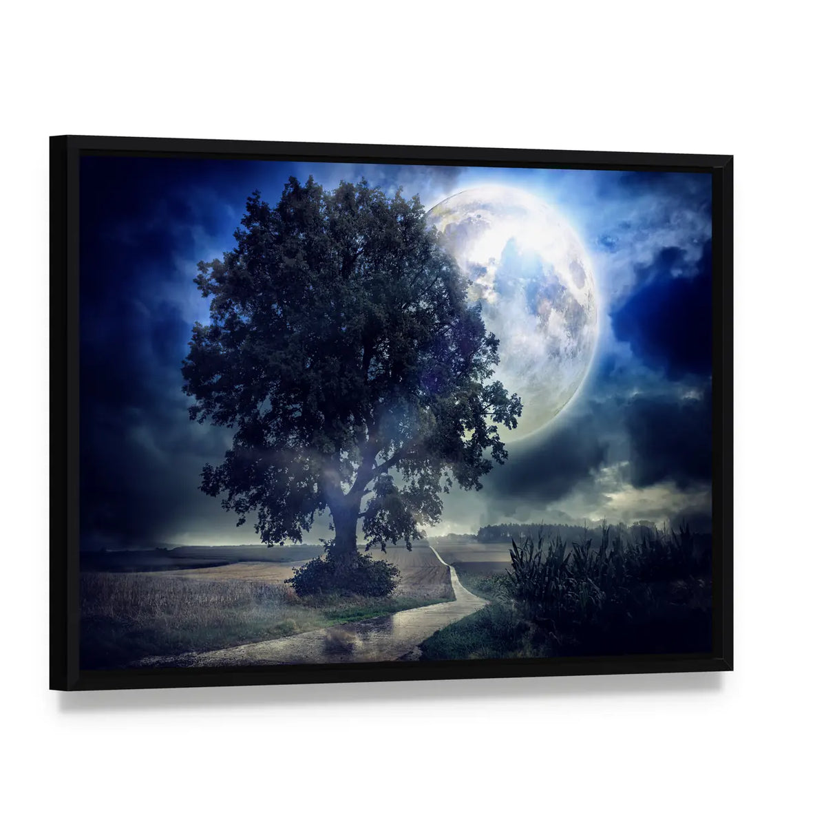 Moon Over Corn Field Canvas Wall Art, framed canvas in a black floater frame, angled product view