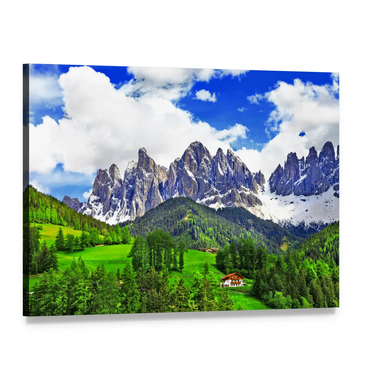 Dolomites Alpine Scenery with Red-roof House Canvas Wall Art, single panel gallery wrapped canvas, angled product view