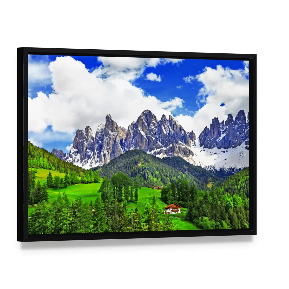 Dolomites Alpine Scenery with Red-roof House Canvas Wall Art, framed canvas in a black floater frame, angled product view