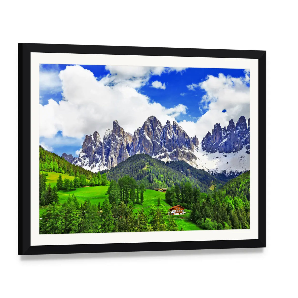 Dolomites Alpine Scenery with Red-roof House Canvas Wall Art, framed print with white mat and black frame, angled product view