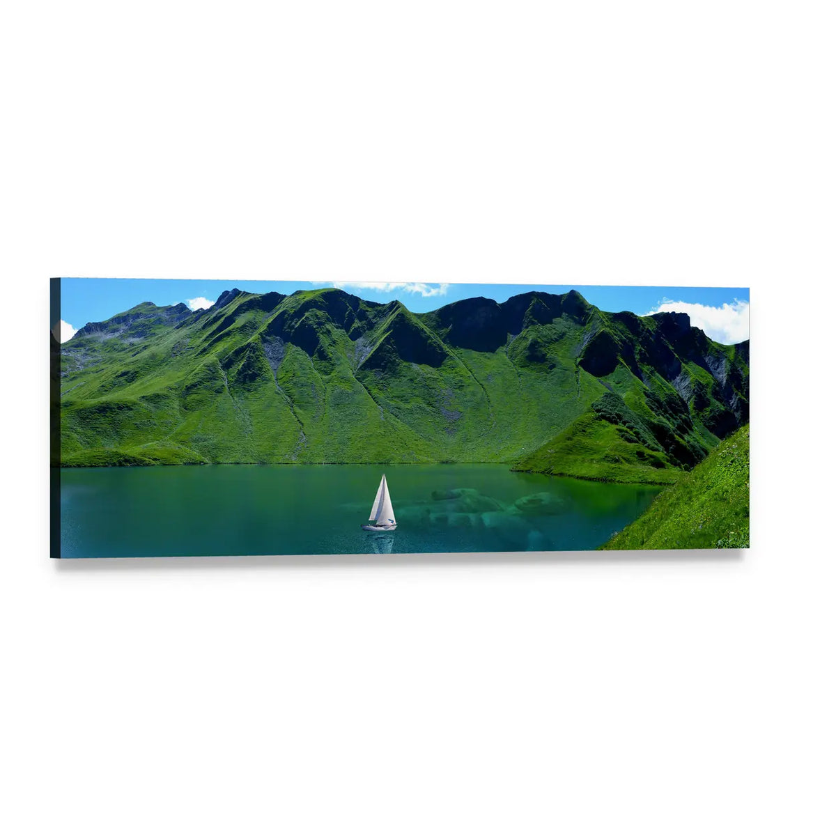 Alpine Lake with White Sailboat Panoramic Canvas Wall Art, single panel gallery wrapped canvas, angled product view