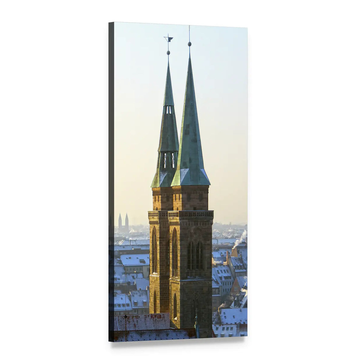 Gothic Twin Towers Over Snowy Cityscape Vertical Canvas Wall Art, 1 panel 1 Vertical layout gallery wrapped canvas set, angled product view