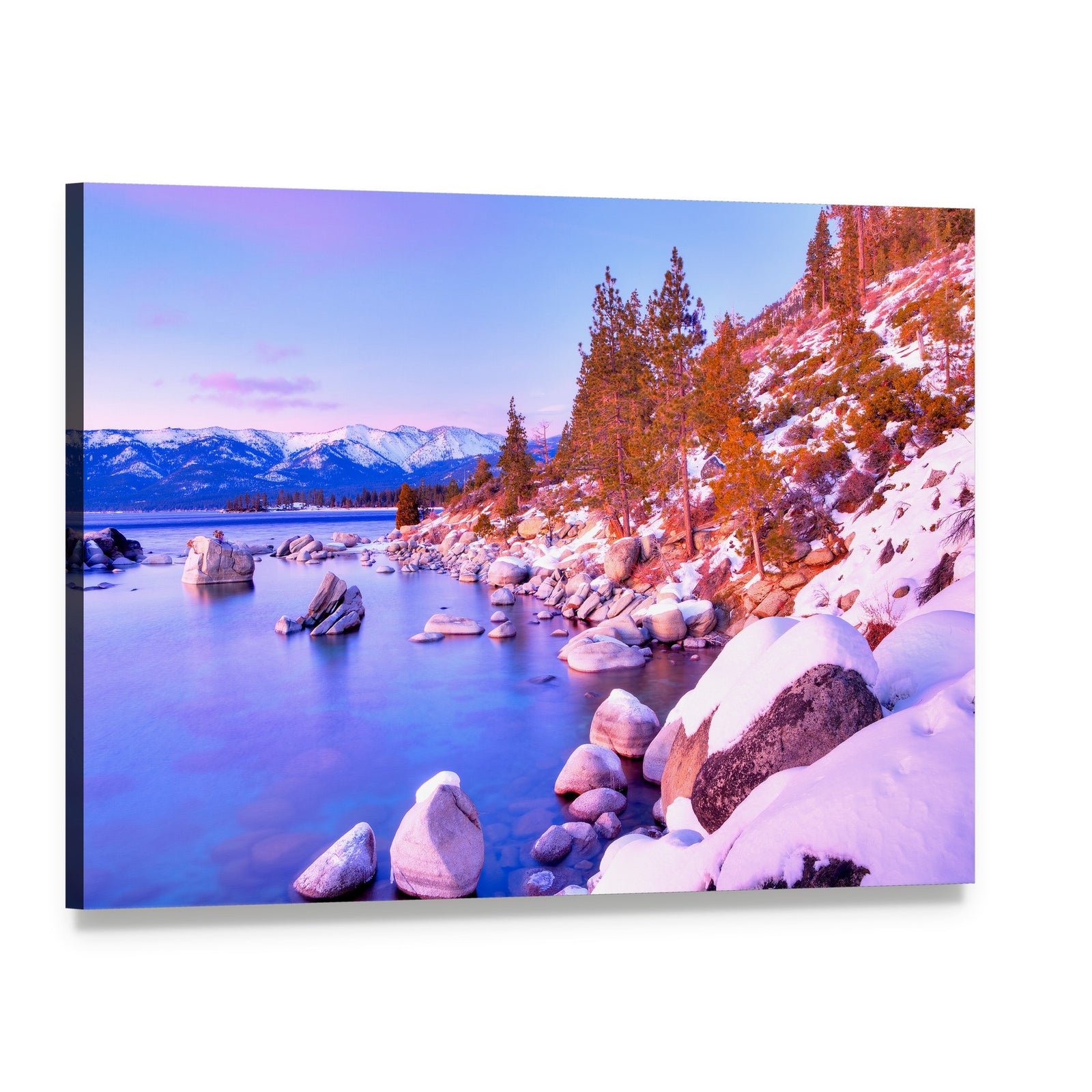 Lake Tahoe Sunset with Snowy Mountains Canvas Wall Art, single panel gallery wrapped canvas, angled product view