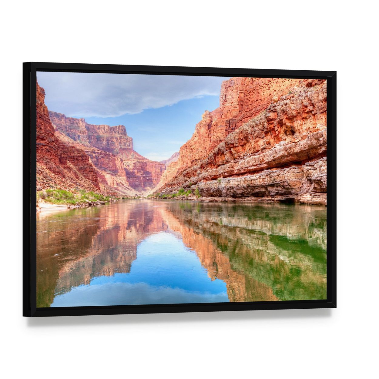 Reflection of Grand Canyon in Colorado River Canvas Wall Art, framed canvas in a black floater frame, angled product view