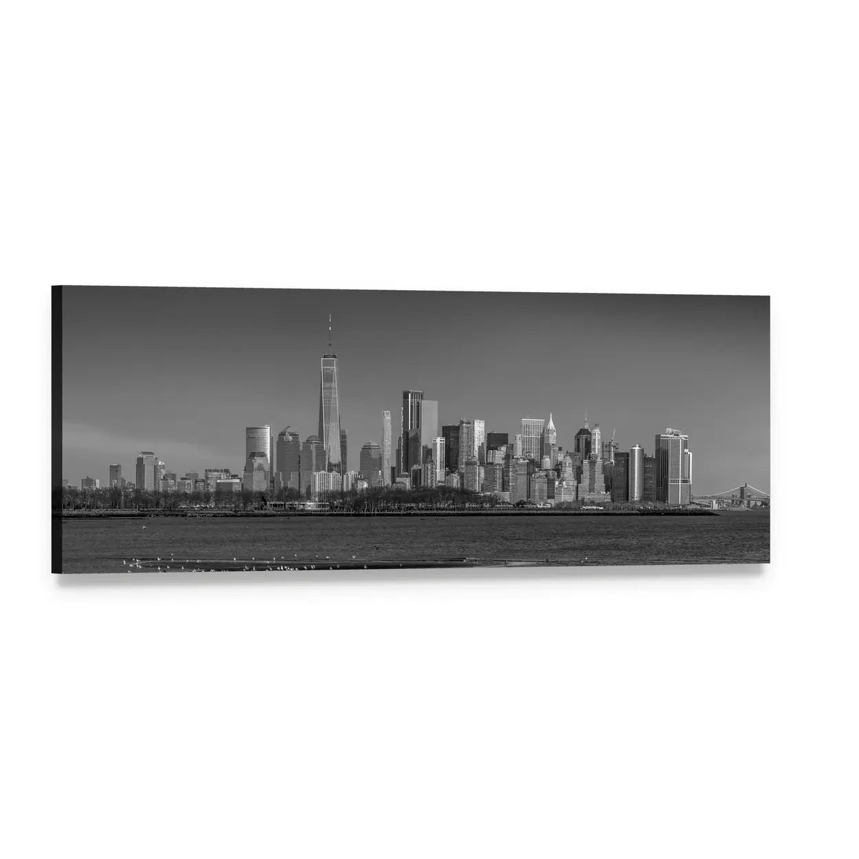 Manhattan Skyline with One World Trade Center and Brooklyn Bridge Panoramic Canvas Wall Art, single panel gallery wrapped canvas, angled product view