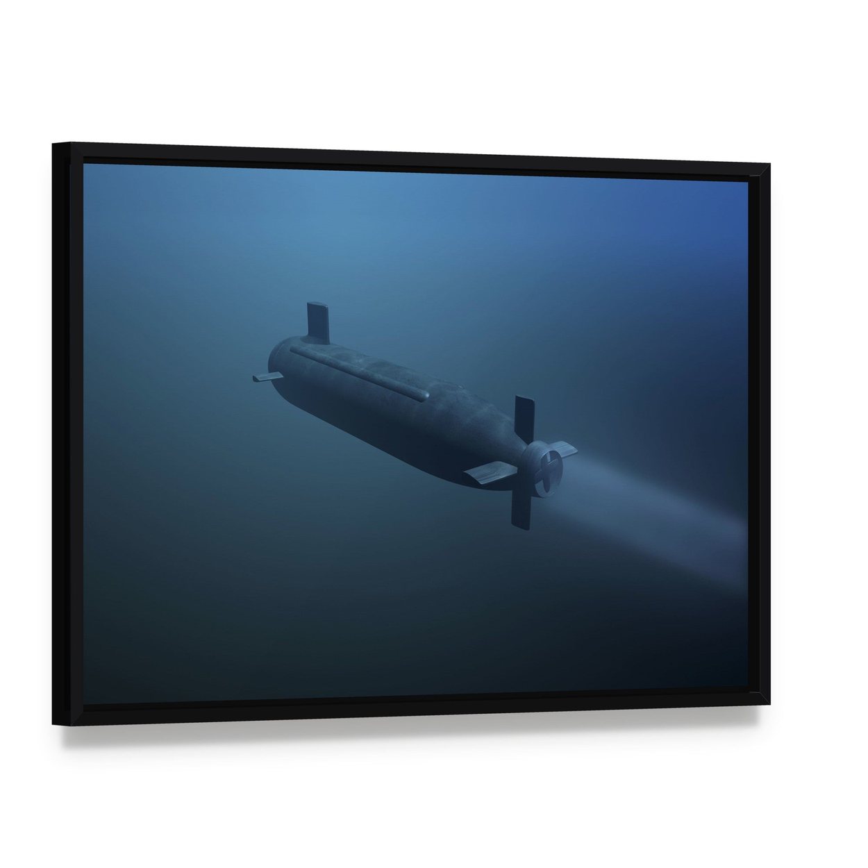 Submarine Underwater View Canvas Wall Art, framed canvas in a black floater frame, angled product view