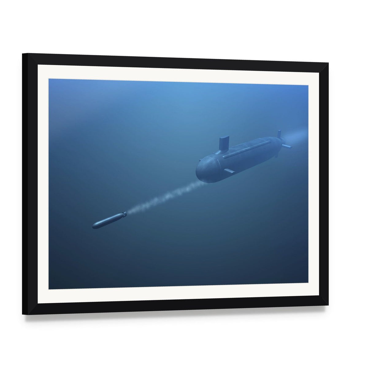 Submarine Underwater Front View Canvas Wall Art, framed print with white mat and black frame, angled product view