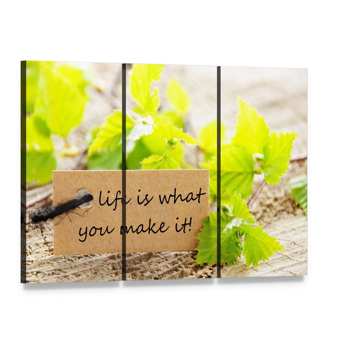 Life Is What You Make It Handwritten Quote Canvas Wall Art, 3 panel 3 Horizontal layout gallery wrapped canvas set, angled product view