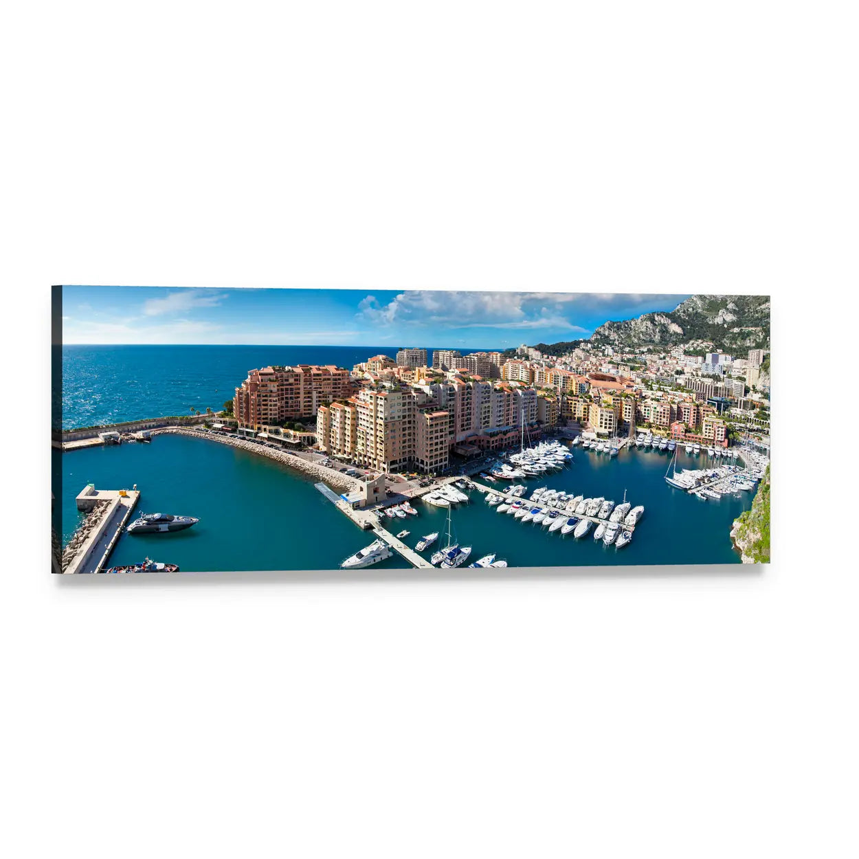 Monte Carlo Harbor Cityscape Panoramic Canvas Wall Art, single panel gallery wrapped canvas, angled product view