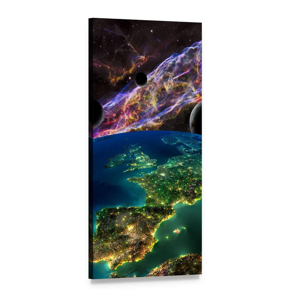 Earth at Night with Nebula and Planets Vertical Canvas Wall Art, 1 panel 1 Vertical layout gallery wrapped canvas set, angled product view