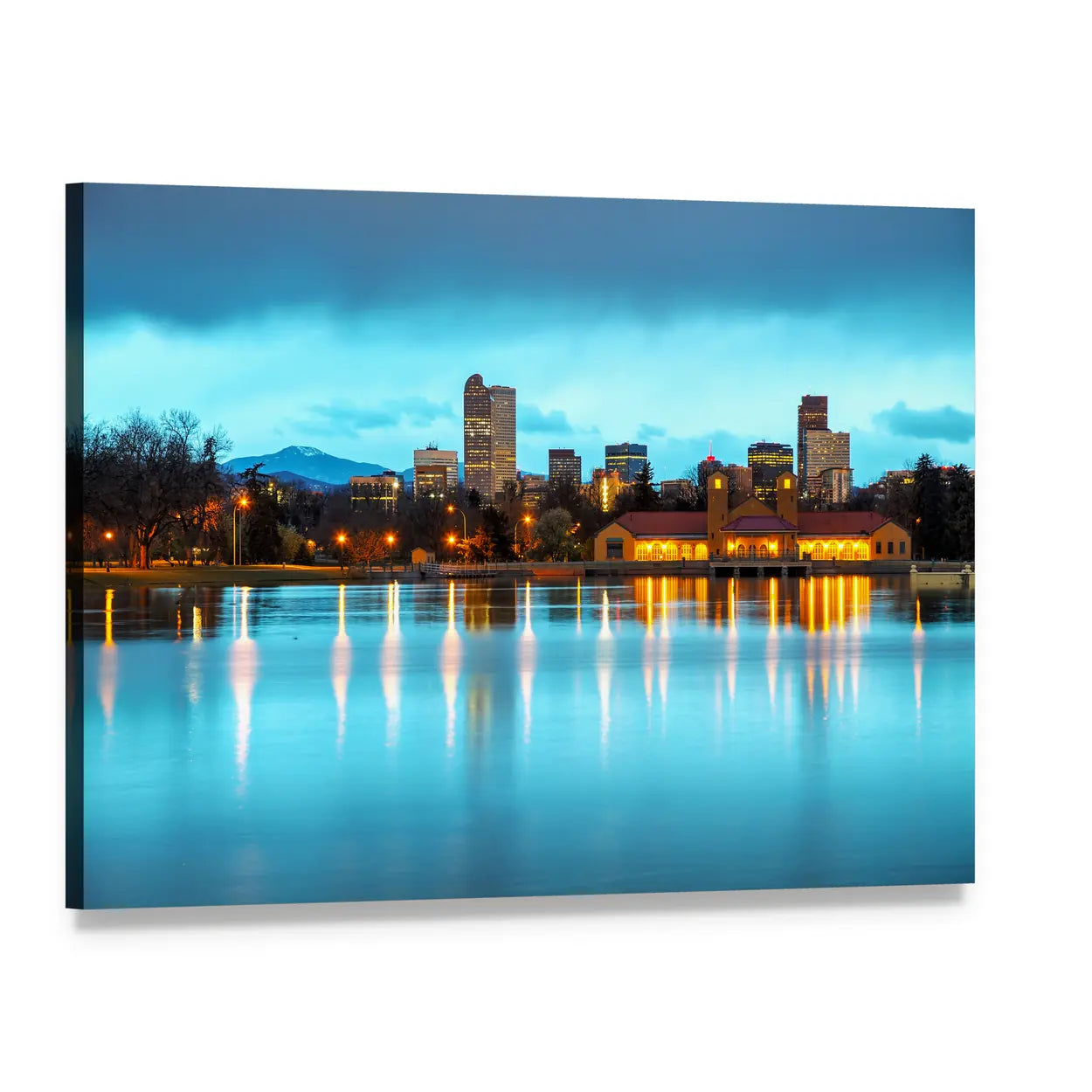 Downtown Denver Night Skyline Reflection Canvas Wall Art, single panel gallery wrapped canvas, angled product view