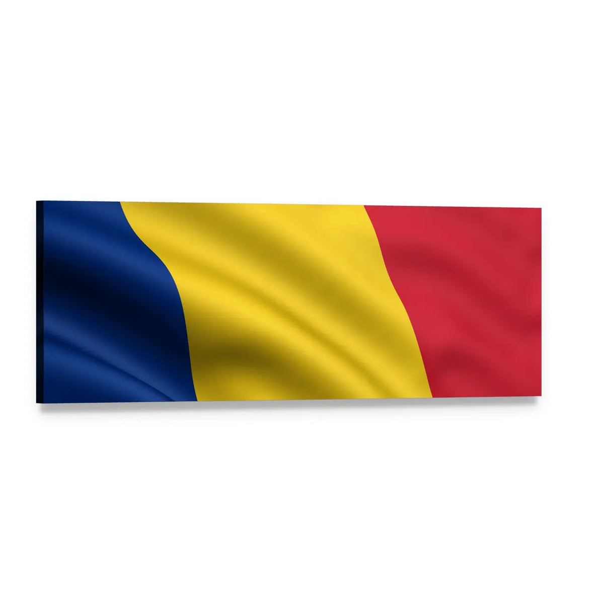 Waving Romanian Flag Panoramic Canvas Wall Art, single panel gallery wrapped canvas, angled product view