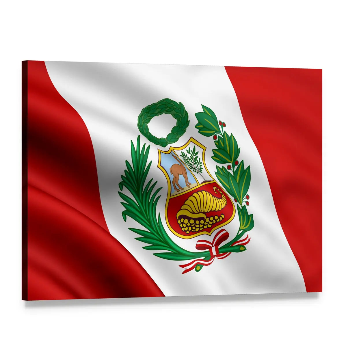 Waving Peruvian Flag with Coat of Arms Canvas Wall Art, single panel gallery wrapped canvas, angled product view