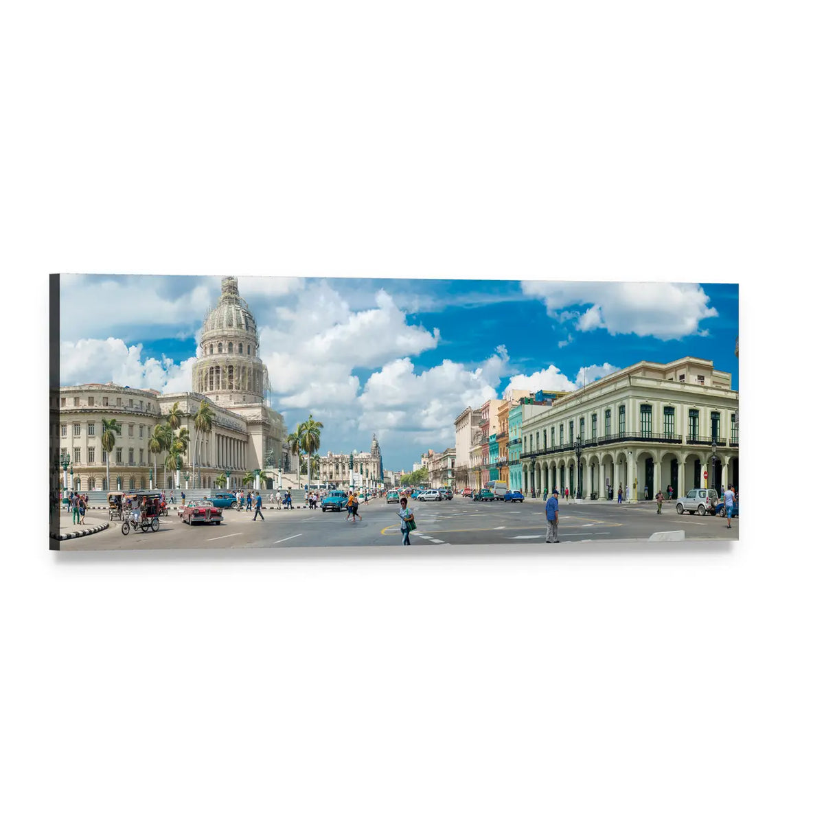 Havana Capitolio Street Scene Panoramic Canvas Wall Art, single panel gallery wrapped canvas, angled product view