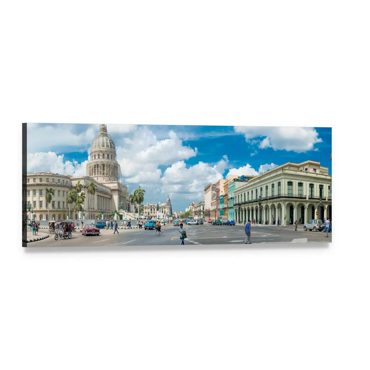 Havana Capitolio Street Scene Panoramic Canvas Wall Art, single panel gallery wrapped canvas, angled product view