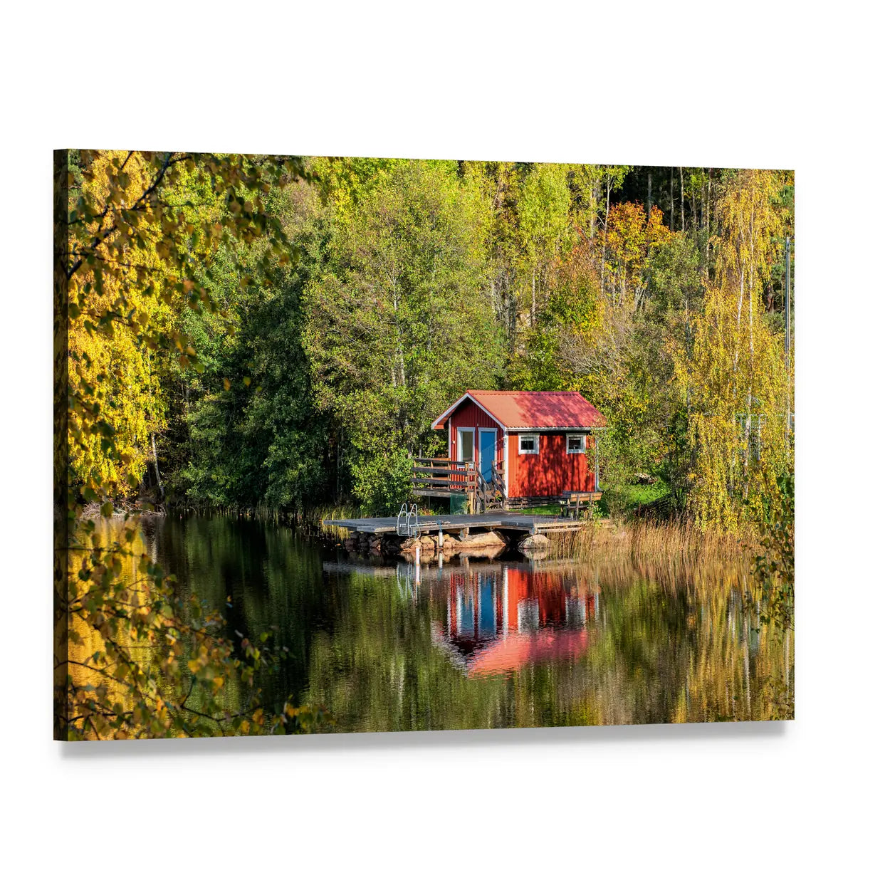 Red Cabin by Lake with Wooden Dock Canvas Wall Art, single panel gallery wrapped canvas, angled product view