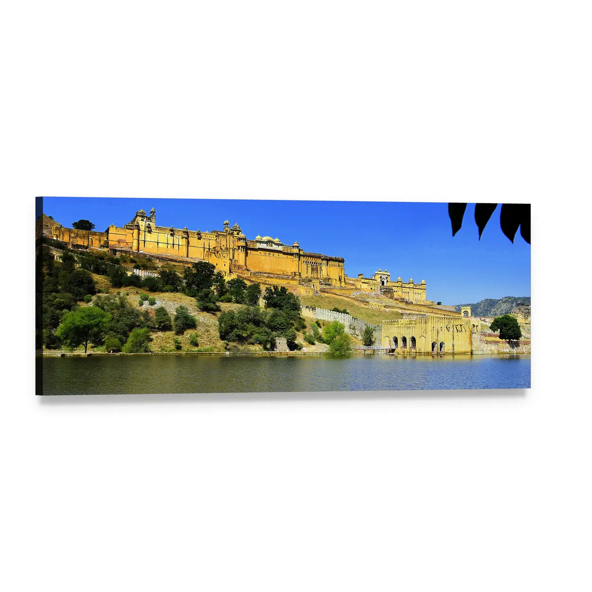 Amber Fort Reflected on Lake Panoramic Canvas Wall Art, single panel gallery wrapped canvas, angled product view