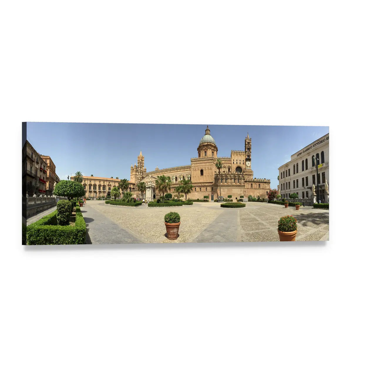 Cathedral Courtyard in Sunlit Piazza Panoramic Canvas Wall Art, single panel gallery wrapped canvas, angled product view