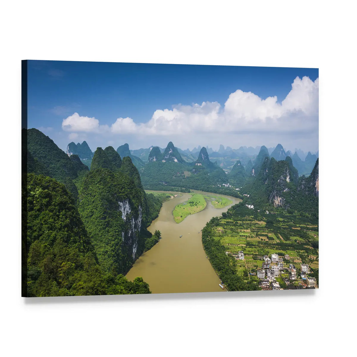 Karst Mountains with River and Rice Fields Canvas Wall Art, single panel gallery wrapped canvas, angled product view