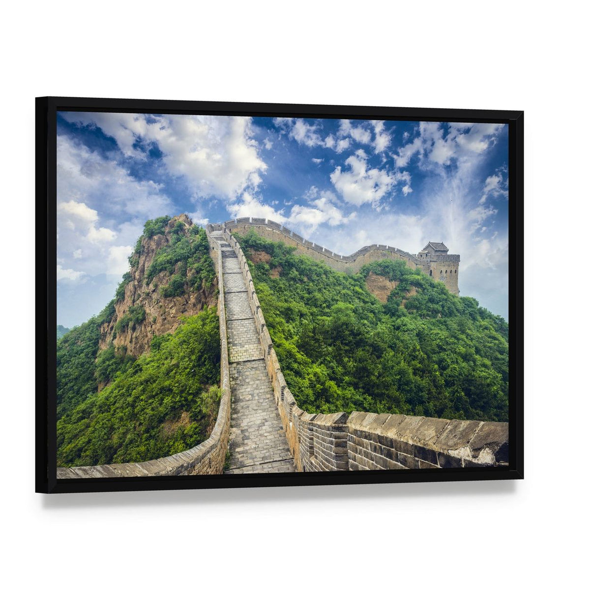 Great Wall of China Canvas Wall Art, framed canvas in a black floater frame, angled product view
