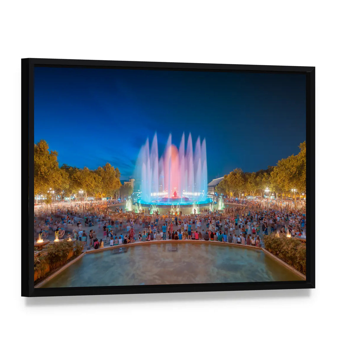 Magic Fountain of Montjuïc, Barcelona Canvas Wall Art, framed canvas in a black floater frame, angled product view