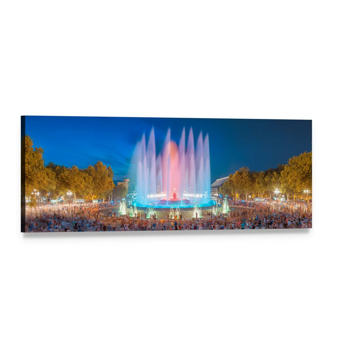 Illuminated Magic Fountain Night Scene Panoramic Canvas Wall Art, single panel gallery wrapped canvas, angled product view