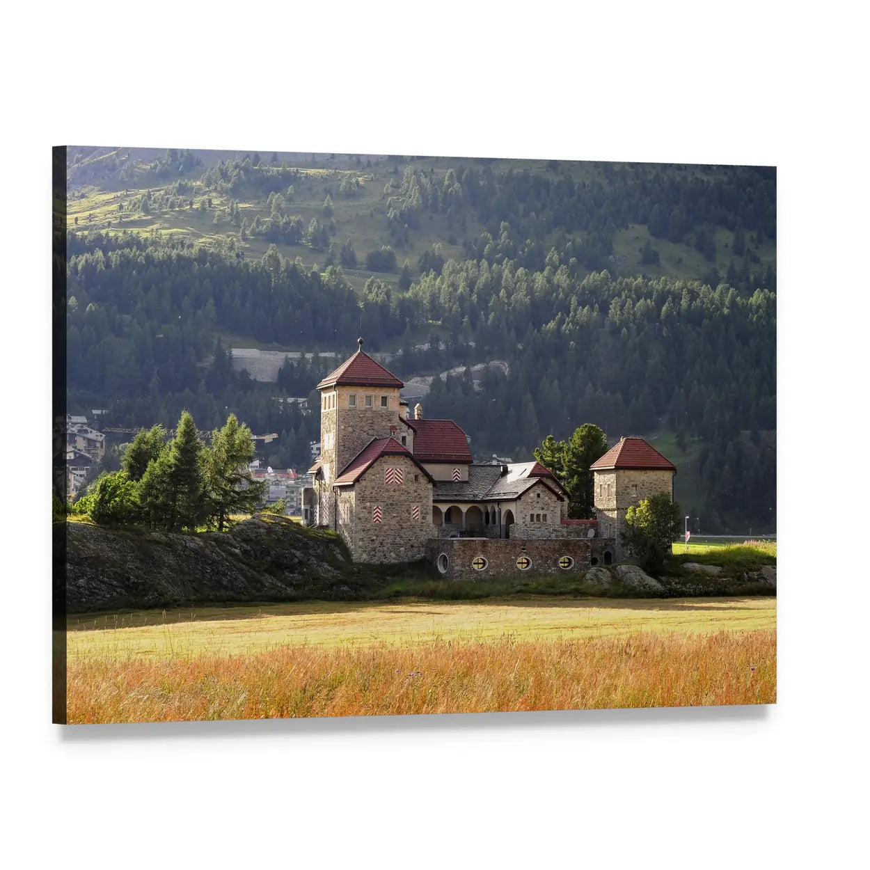 Stone Castle Over Grassy Field Canvas Wall Art, single panel gallery wrapped canvas, angled product view
