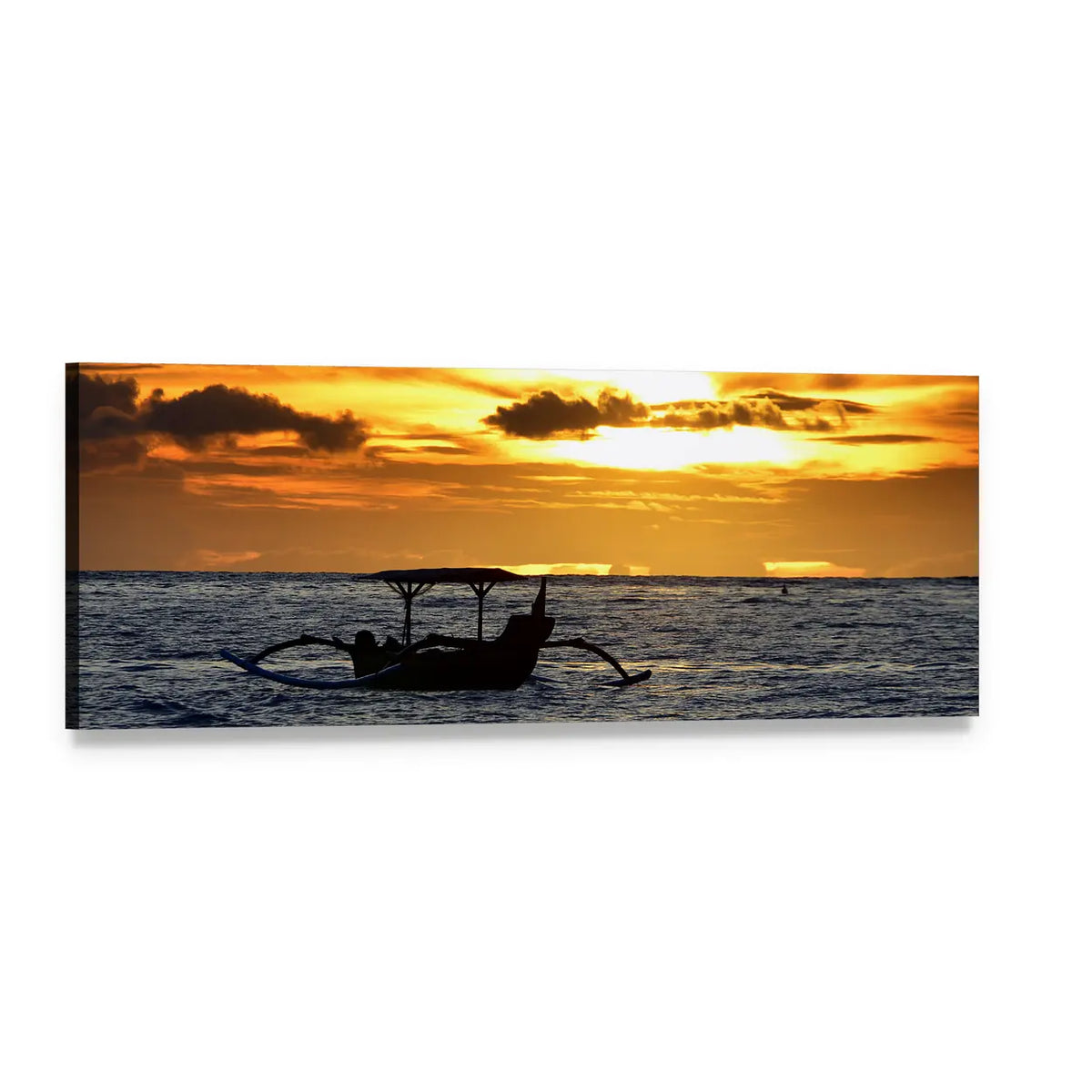 Outrigger Boat at Golden Sunset Panoramic Canvas Wall Art, single panel gallery wrapped canvas, angled product view