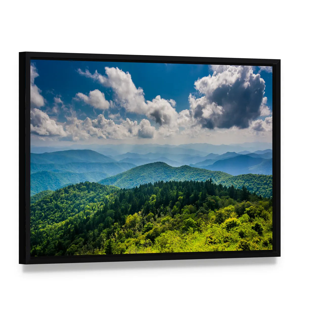 Blue Ridge Mountains Landscape Canvas Wall Art, framed canvas in a black floater frame, angled product view