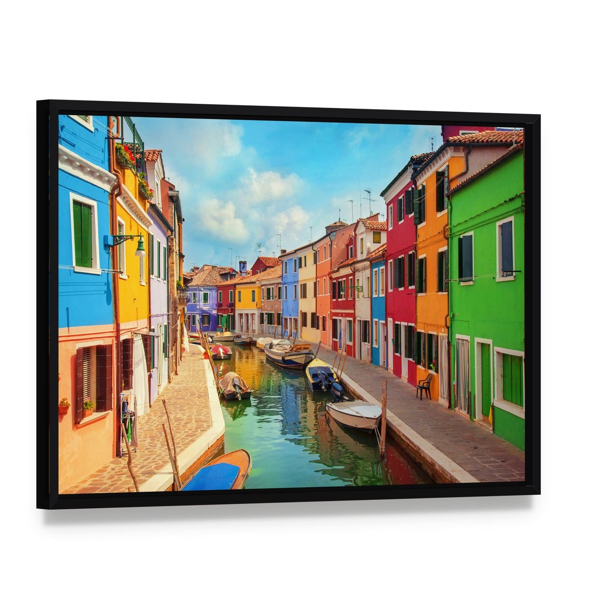Burano Island in Sunny Venice Canvas Wall Art, framed canvas in a black floater frame, angled product view