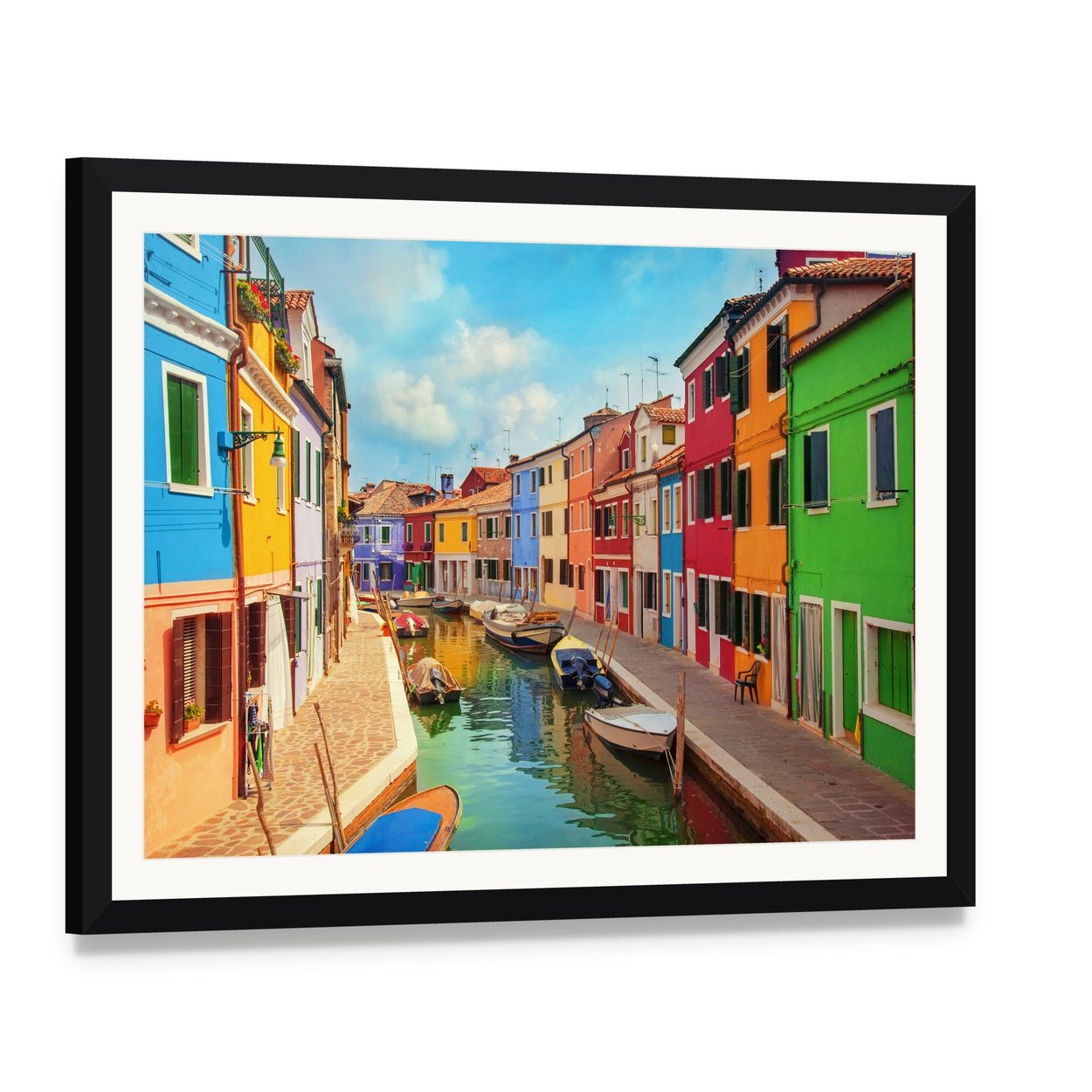 Burano Island in Sunny Venice Canvas Wall Art, framed print with white mat and black frame, angled product view