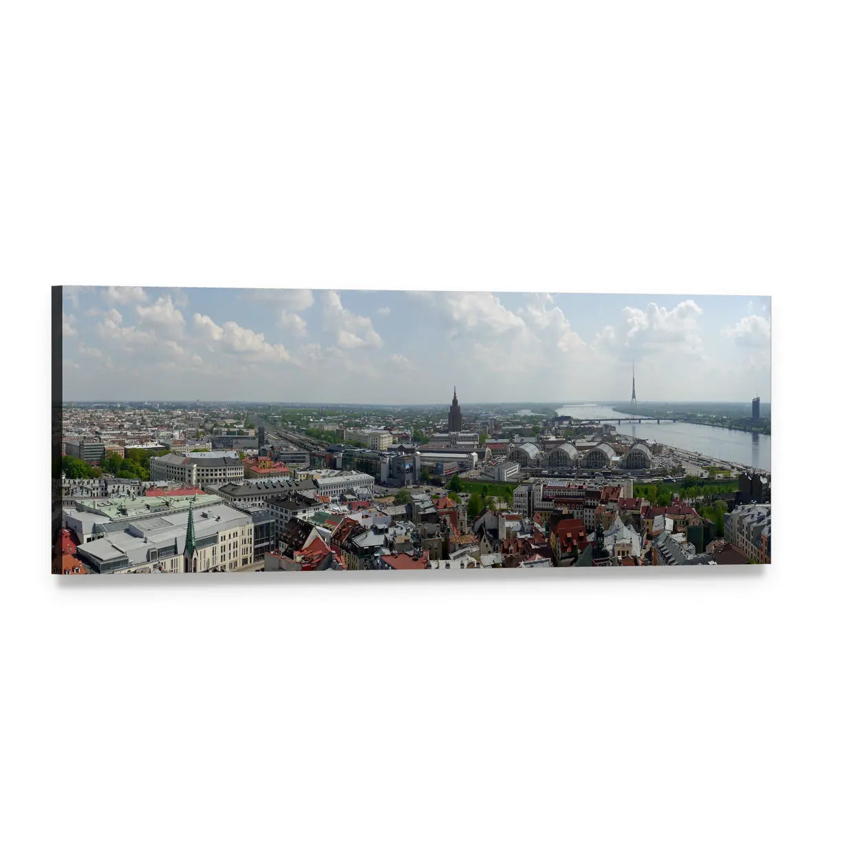 Riga City Skyline View Panoramic Canvas Wall Art, single panel gallery wrapped canvas, angled product view