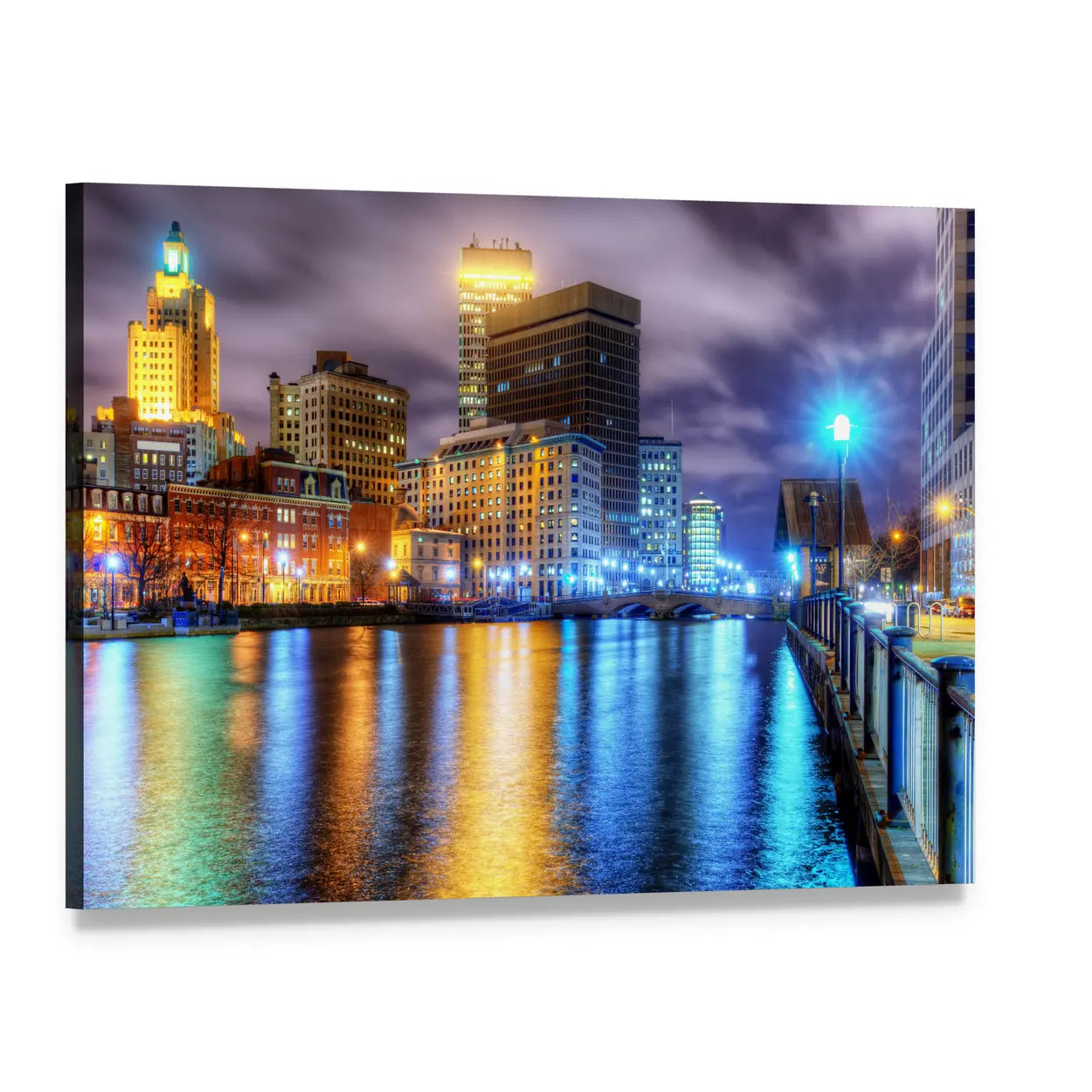 Downtown Providence Skyline with Water Reflections Canvas Wall Art, single panel gallery wrapped canvas, angled product view