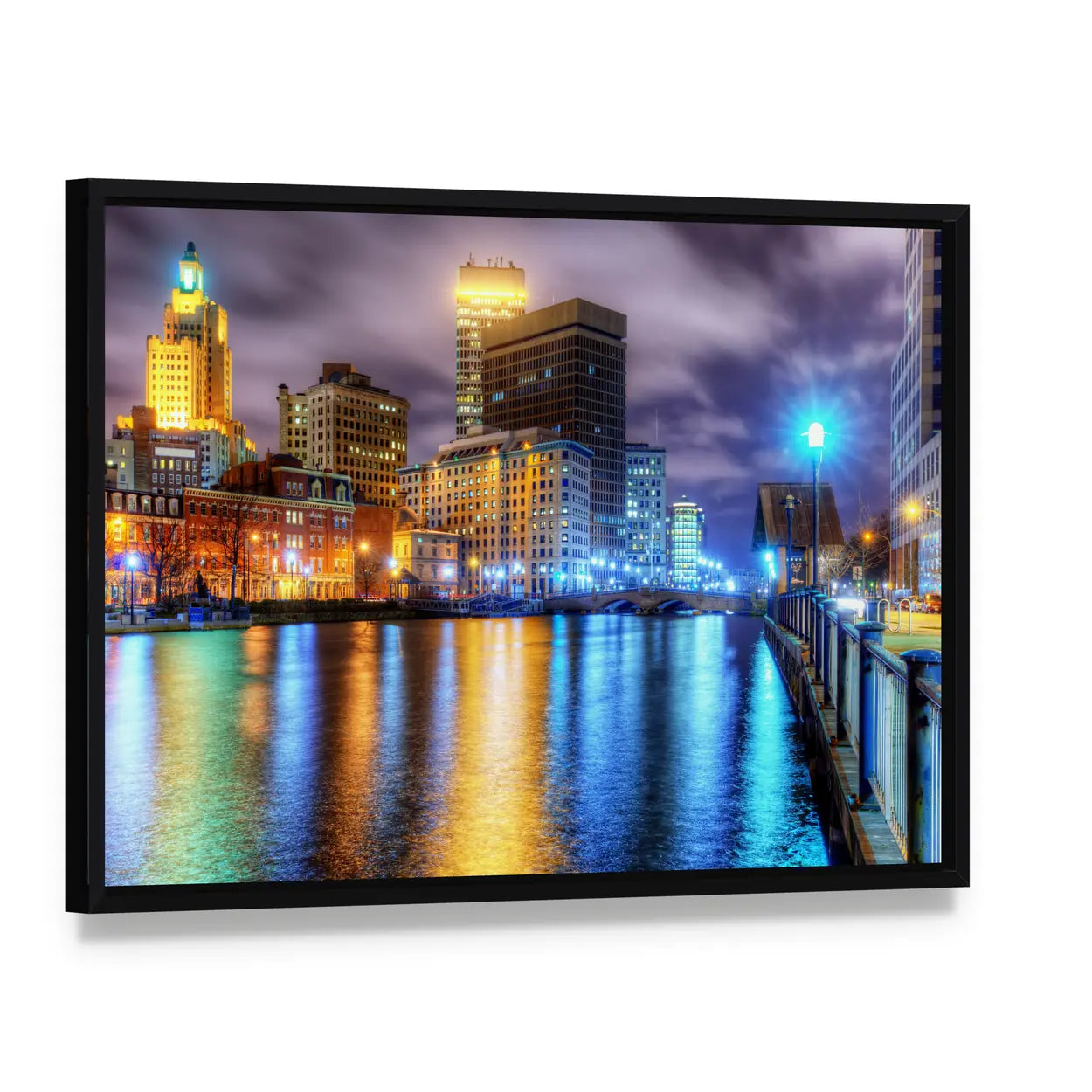Downtown Providence Skyline with Water Reflections Canvas Wall Art, framed canvas in a black floater frame, angled product view
