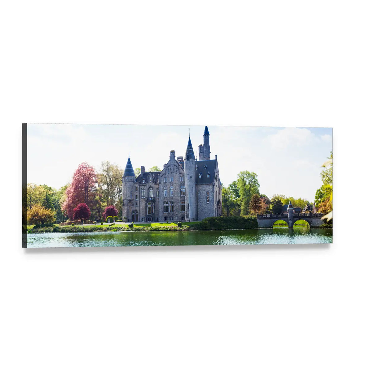 Bornem Castle Reflected in Calm Lake Panoramic Canvas Wall Art, single panel gallery wrapped canvas, angled product view