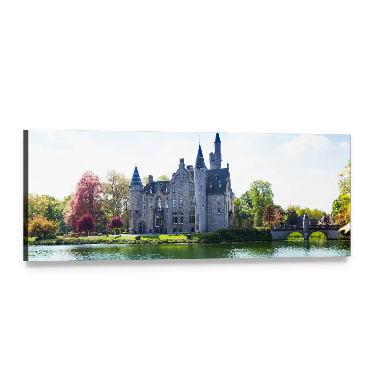 Bornem Castle Reflected in Calm Lake Panoramic Canvas Wall Art, single panel gallery wrapped canvas, angled product view