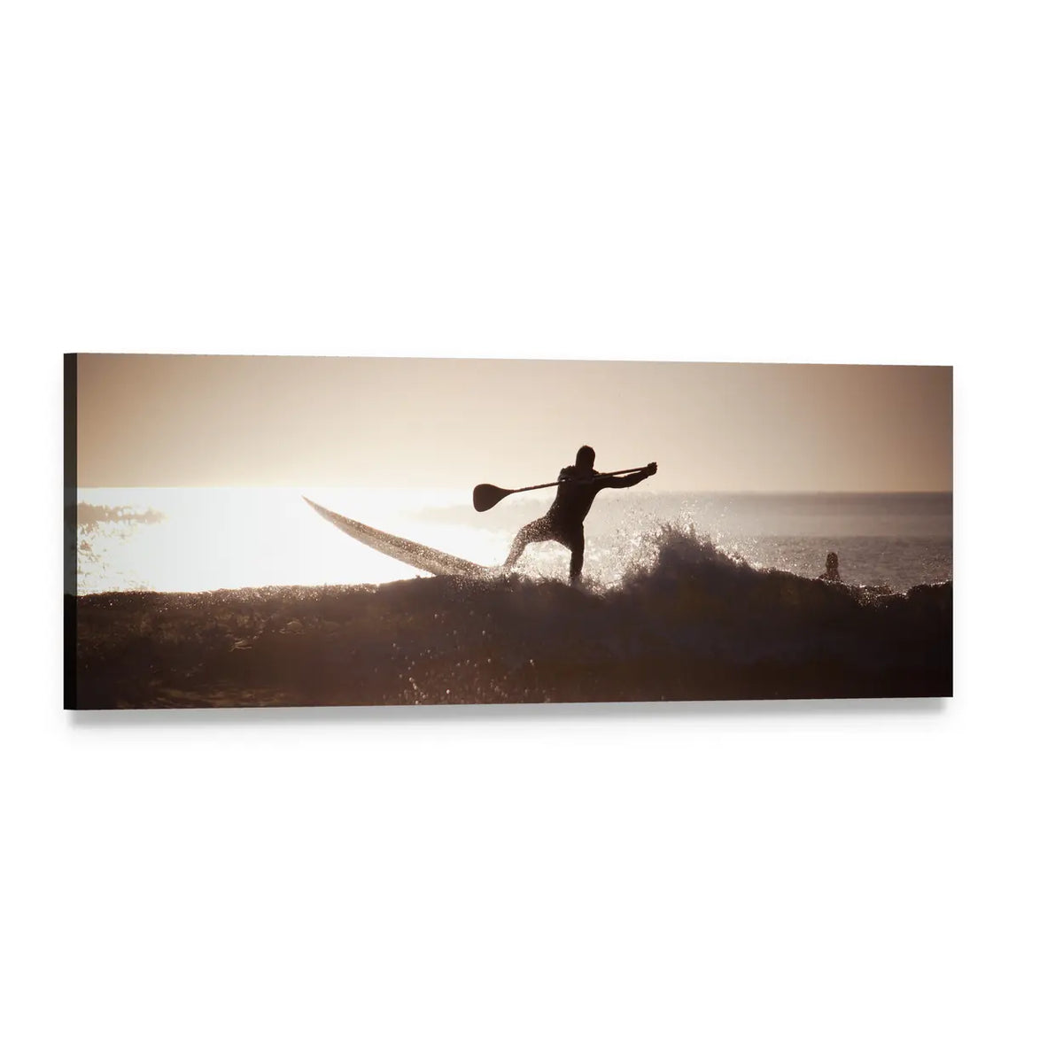 Paddleboarder Silhouette on Ocean Wave Panoramic Canvas Wall Art, single panel gallery wrapped canvas, angled product view