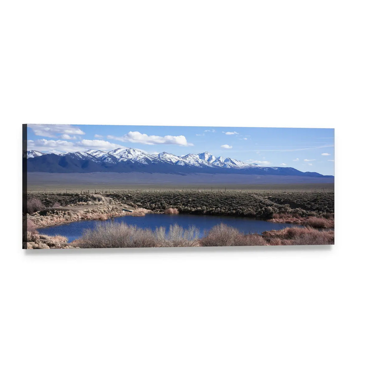 Snow-capped Mountains Above Blue Lake Panoramic Canvas Wall Art, single panel gallery wrapped canvas, angled product view