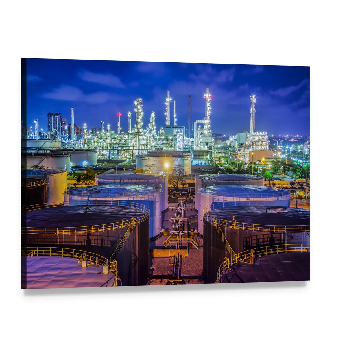 Oil Refinery at Night Canvas Wall Art, single panel gallery wrapped canvas, angled product view