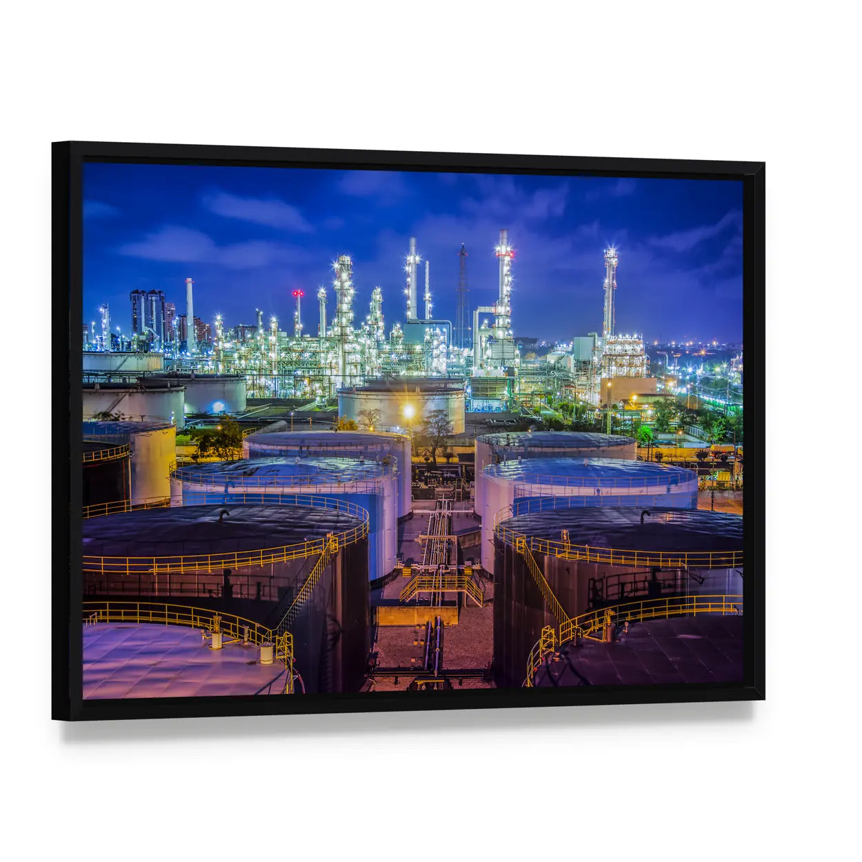 Oil Refinery at Night Canvas Wall Art, framed canvas in a black floater frame, angled product view