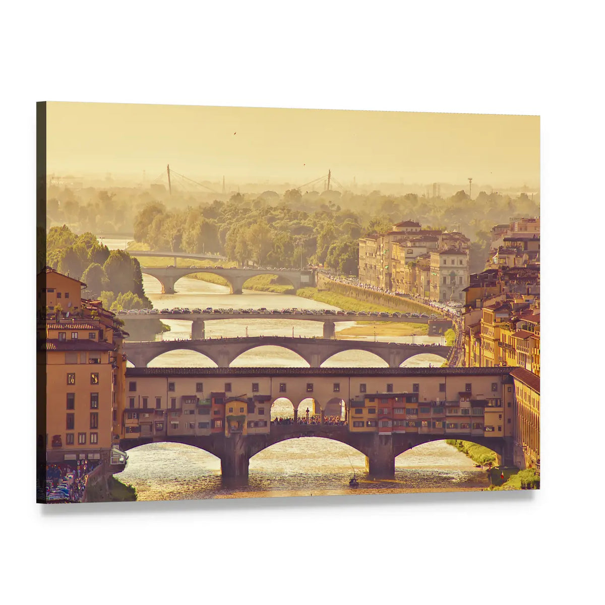 Ponte Vecchio at Golden Hour, Florence Cityscape Canvas Wall Art, single panel gallery wrapped canvas, angled product view
