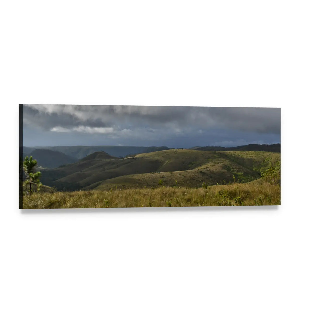 Moody Rolling Hills and Distant Mountains Panoramic Canvas Wall Art, single panel gallery wrapped canvas, angled product view