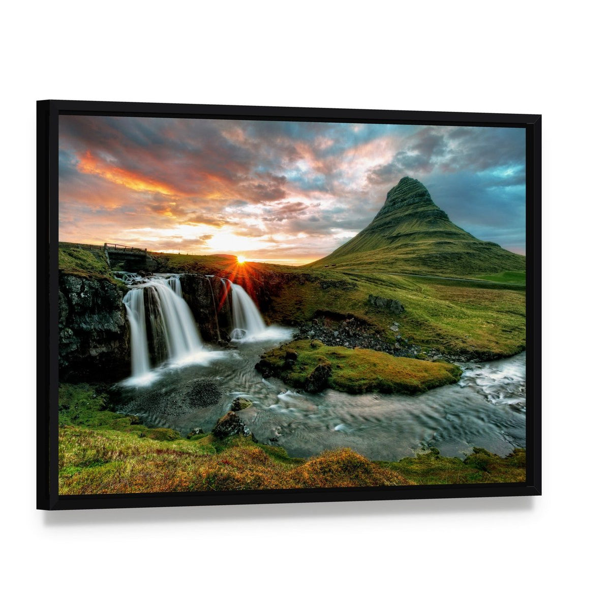 Kirkjufell Waterfall at Sunset Canvas Wall Art, framed canvas in a black floater frame, angled product view