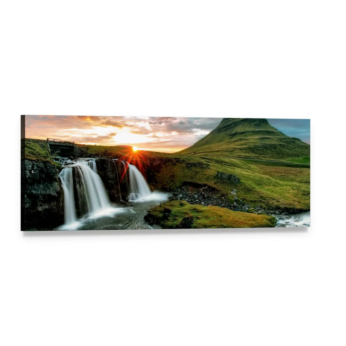 Kirkjufell Waterfall at Sunset Panoramic Canvas Wall Art, single panel gallery wrapped canvas, angled product view