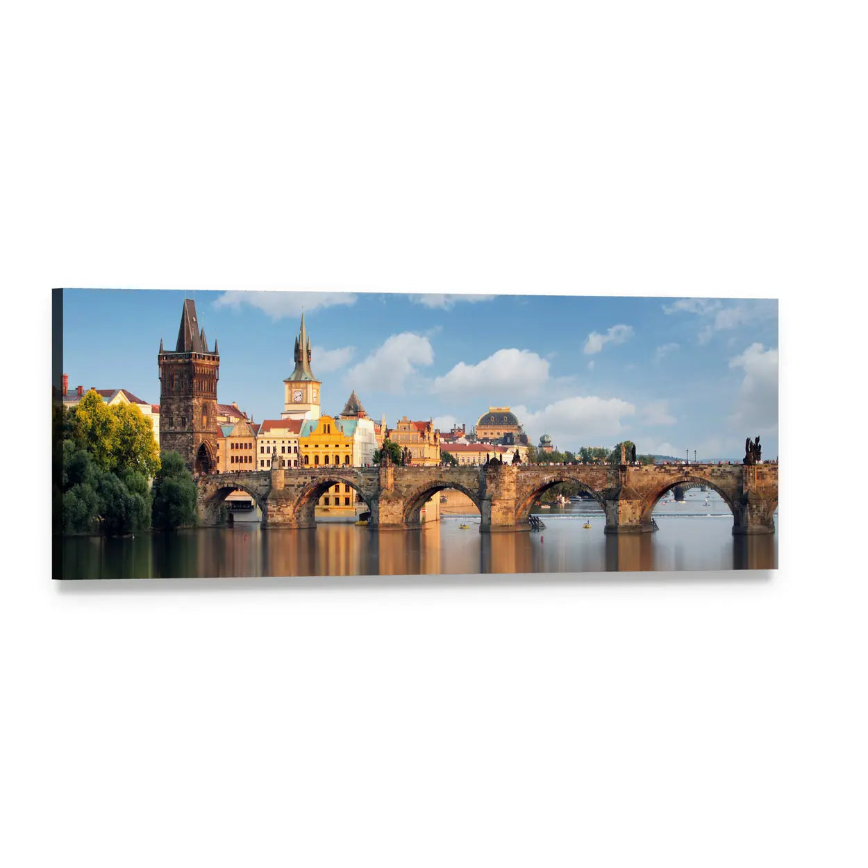 Charles Bridge in Prague Panoramic Canvas Wall Art, single panel gallery wrapped canvas, angled product view