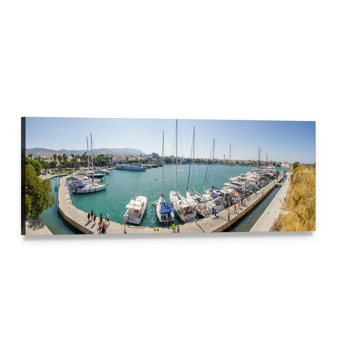 White Sailboats in Greek Harbor Panoramic Canvas Wall Art, single panel gallery wrapped canvas, angled product view