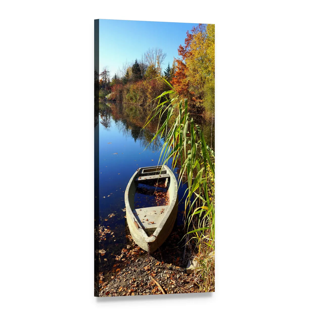 Boat on Autumn Lake Vertical Canvas Wall Art, 1 panel 1 Vertical layout gallery wrapped canvas set, angled product view